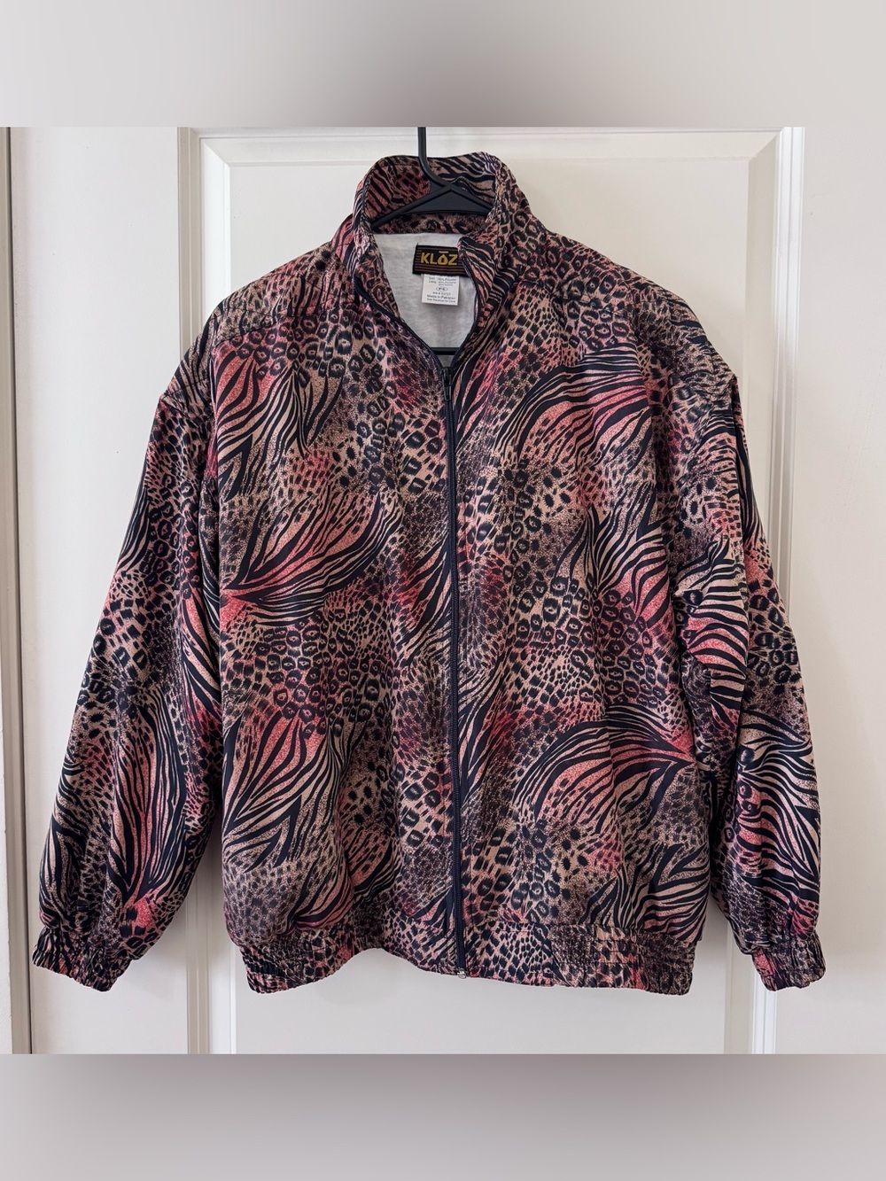 Vintage KLŌZ Women L Animal Print Windbreaker Jacket 80s Retro Pockets